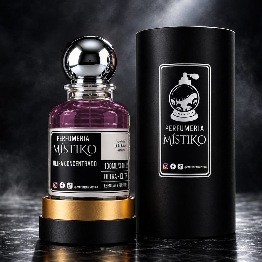 Perfume Místiko Ultra Concentrado unisex, 100 ml, tapa plateada, con su estuche negro